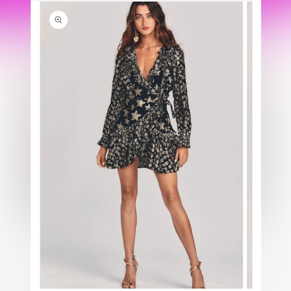 LoveShackFancy Women’s Findlay Wrap Mini Dress Black Gold/Silver Stars NWT